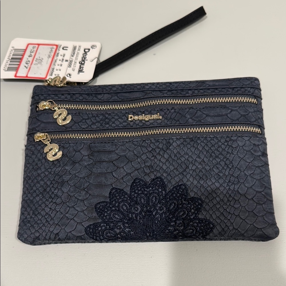 Desigual Blue Denim Clutch Wristlet with Gold Accents